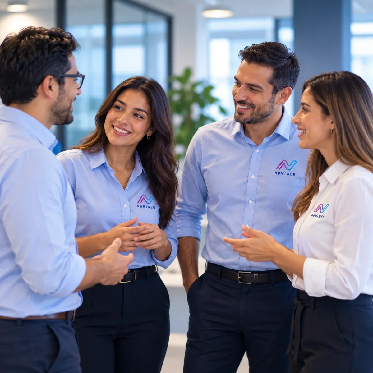 Cuatro integrantes del equipo de Nomiweb conversan de pie en una oficina, con camisas azules y blancas