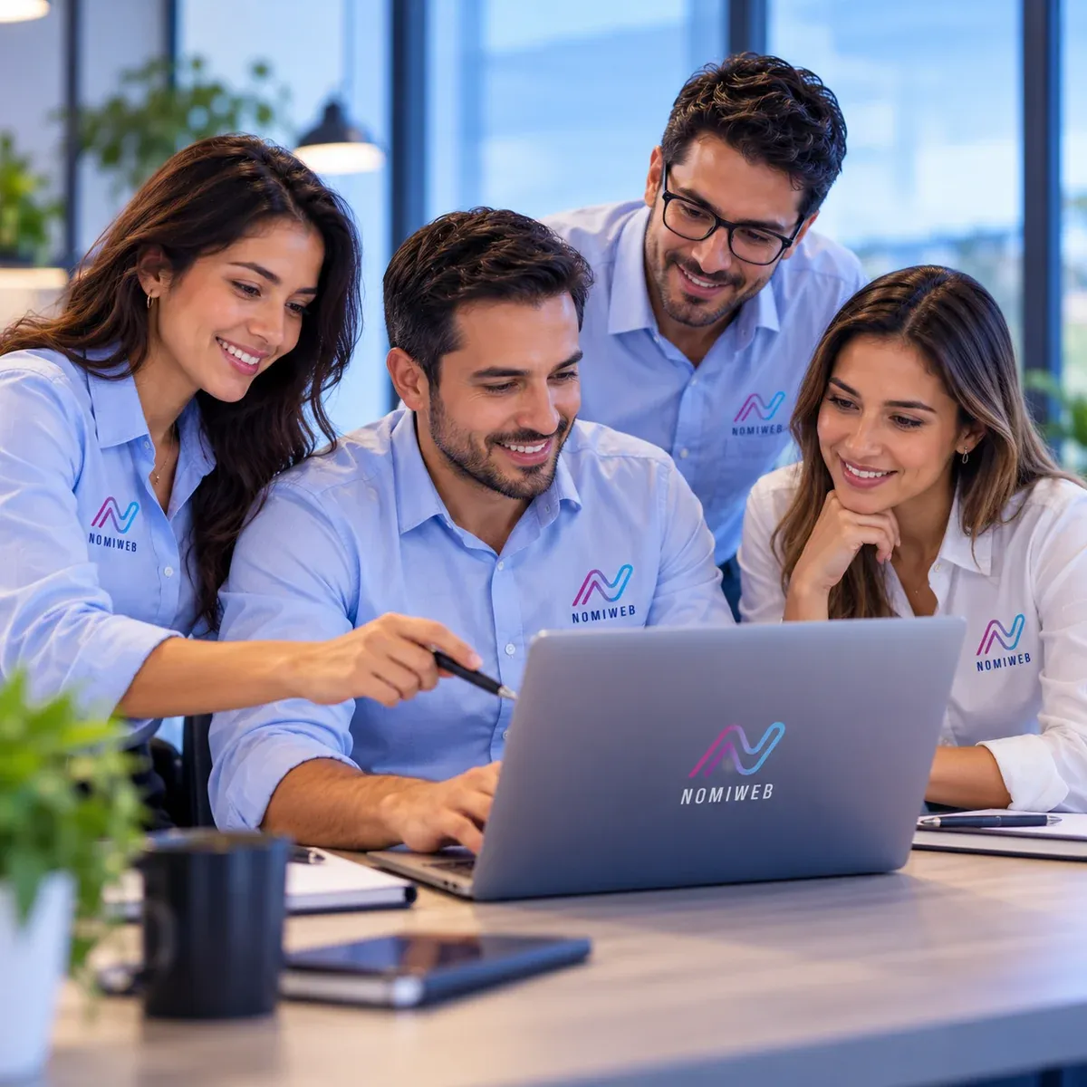 Cuatro profesionales de Nomiweb revisan juntos información en un portátil, sonrientes, en una oficina luminosa